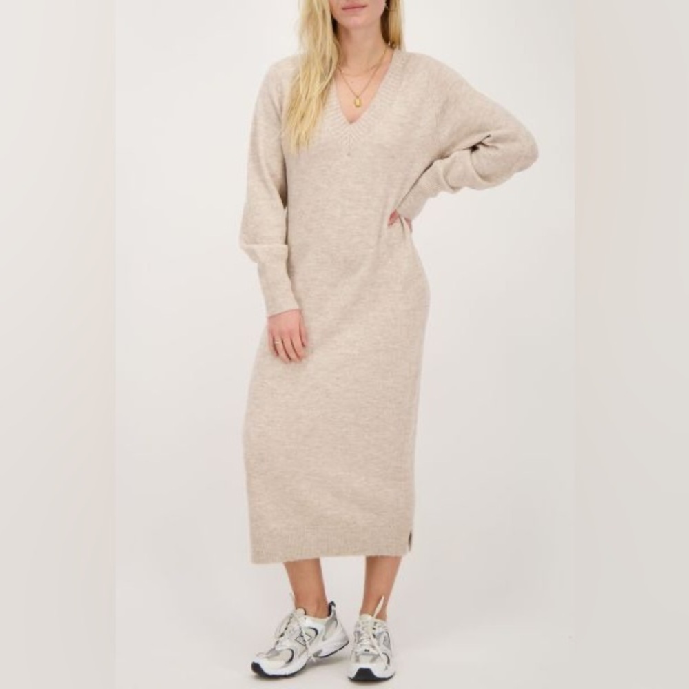 Beige V-Neck Sweater Dress